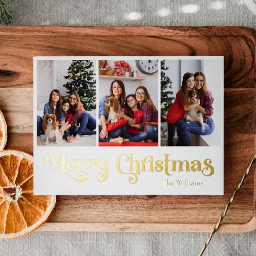 Classic Simple 3 photo Merry Christmas Gold Foil Holiday Card