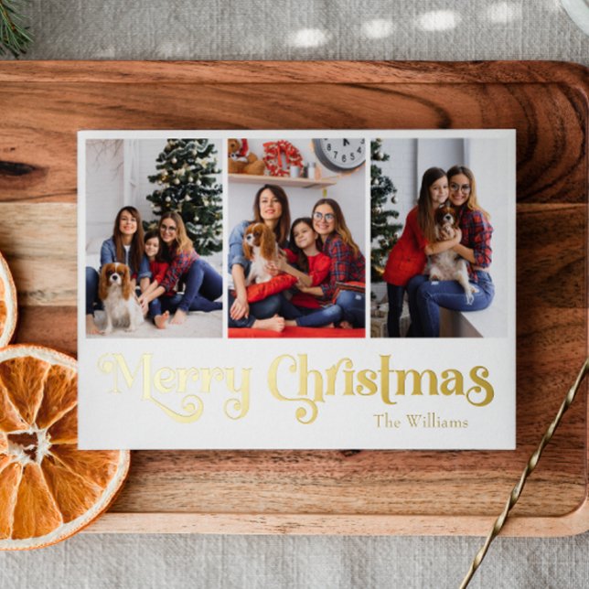 Classic Simple 3 photo Merry Christmas Gold Foil Holiday Card (Creator Uploaded)