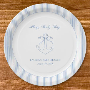 Classic Simple Ahoy Baby Boy Elegant Shower Paper Plates