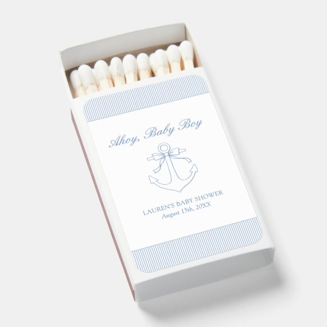Classic Simple Ahoy Baby Boy Nautical Shower Matchboxes (Front Open)