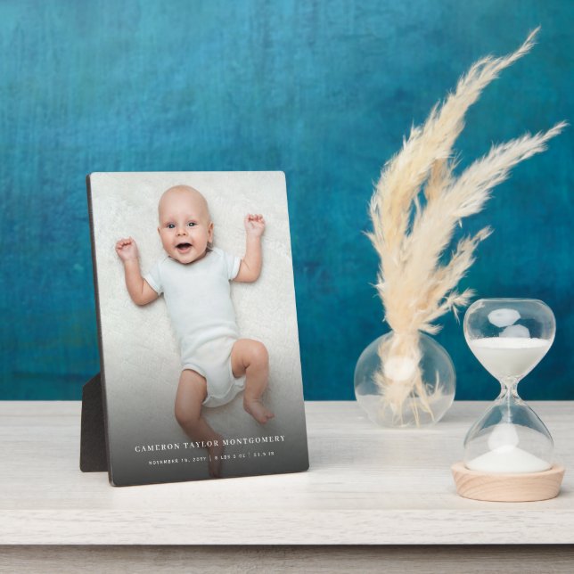 Classic Simple Black Gradient Modern Baby Photo Plaque (Side)