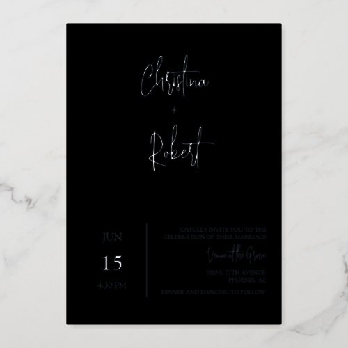 Classic Simple Black Minimal Wedding Photo Silver Foil Invitation