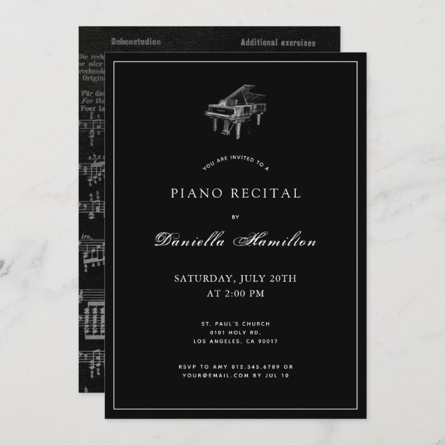 Classic Simple Black Piano Recital Invitation (Front/Back)