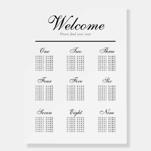 Classic Simple Black & White Wedding Seating Chart Foam Board (Front)