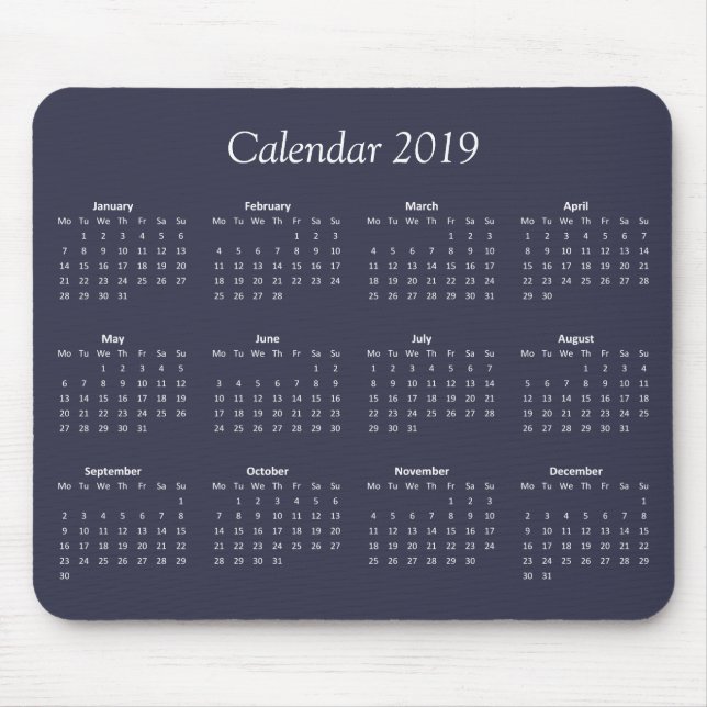 Classic Simple Blue And White 2019 Calendar Mouse Pad (Front)