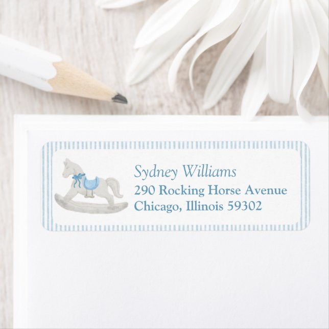 Classic Simple Blue Rocking Horse Boy Baby Shower Label (Insitu)