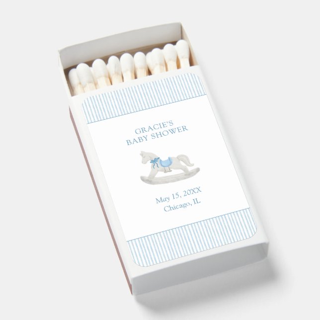 Classic Simple Blue Rocking Horse Boy Baby Shower Matchboxes (Front Open)