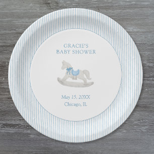 Classic Simple Blue Rocking Horse Boy Baby Shower Paper Plates