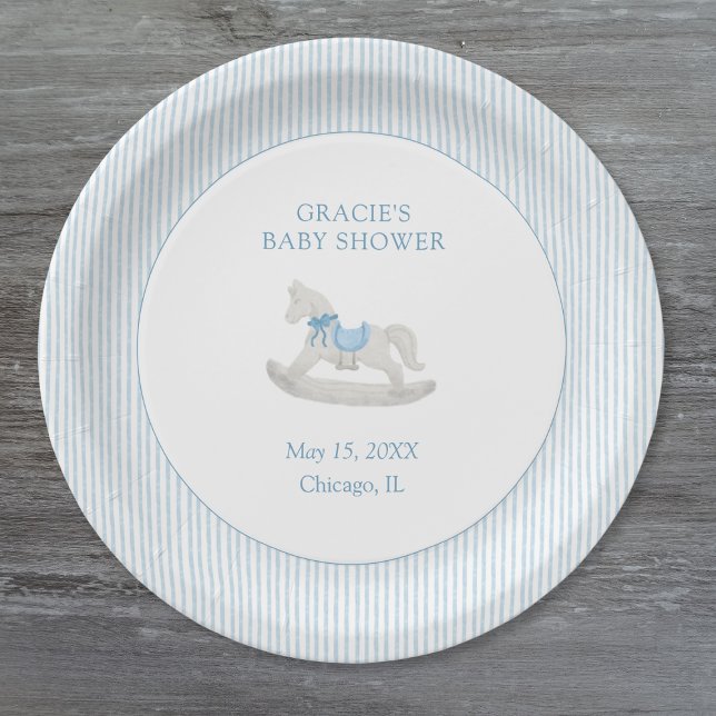 Classic Simple Blue Rocking Horse Boy Baby Shower Paper Plates (Creator Uploaded)