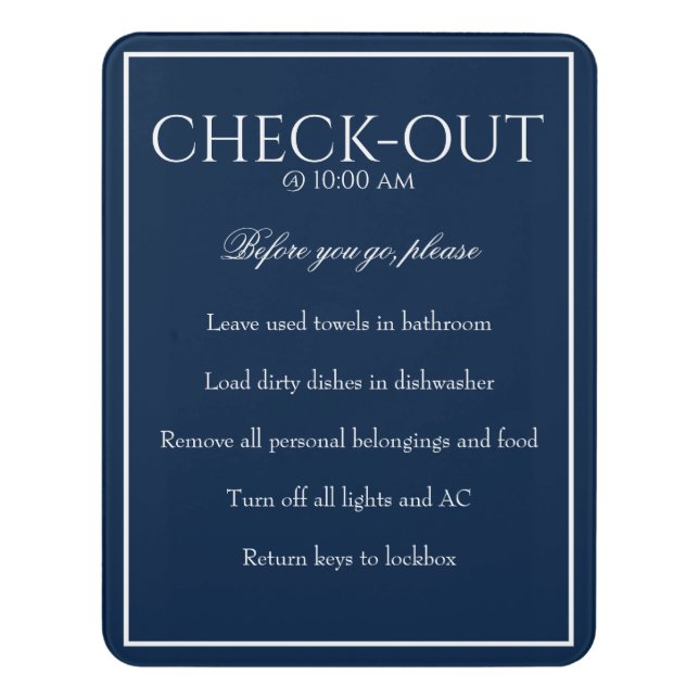 Classic Simple Dark Blue Guest Check Out Sign (Contemporary Vert)