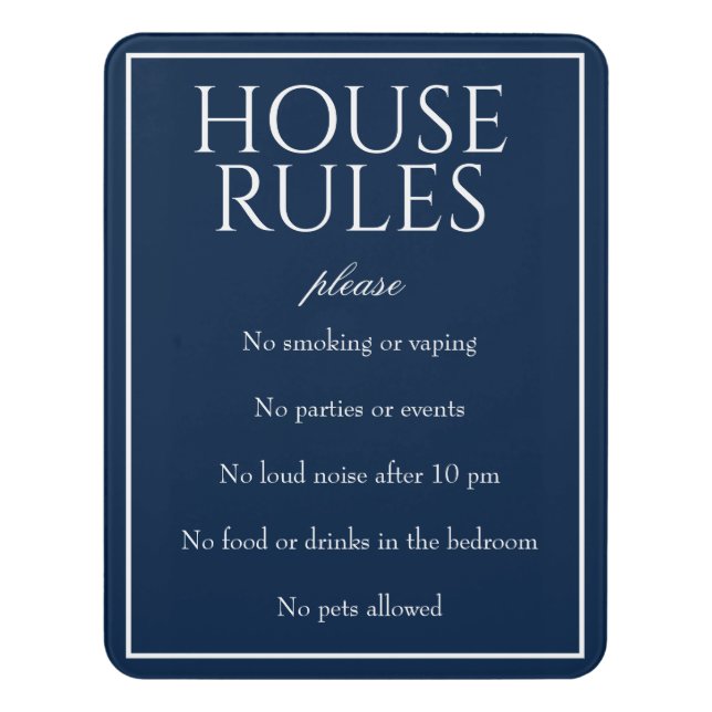 Classic Simple Dark Blue House Rules Guest Sign (Contemporary Vert)