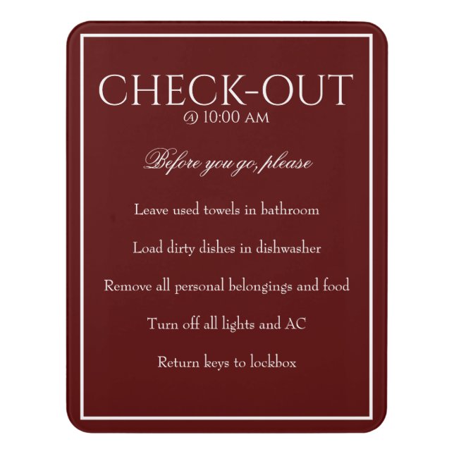 Classic Simple Deep Red Guest Check Out Sign (Contemporary Vert)