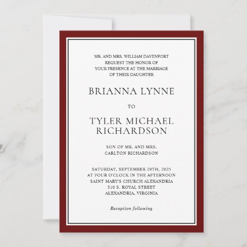 Classic Simple Elegance Burgundy Edging Wedding Invitation