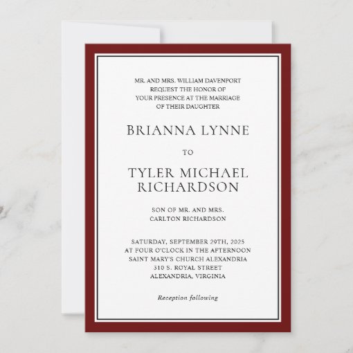 Classic Simple Elegance Burgundy Edging Wedding Invitation | Zazzle