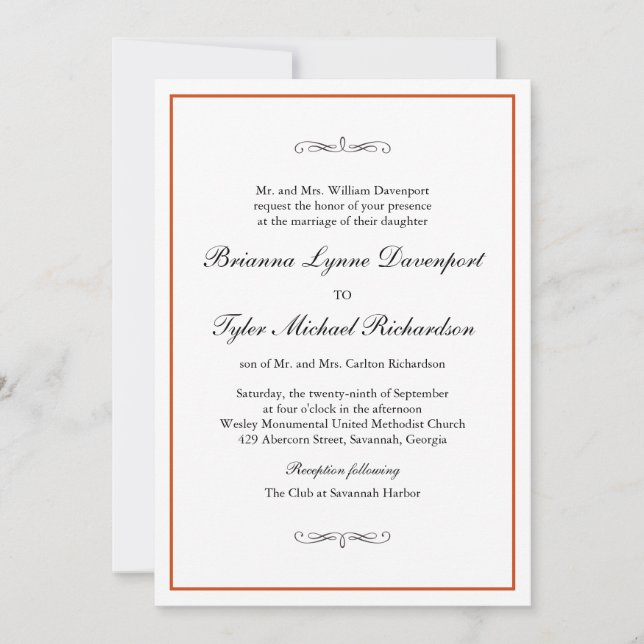 Classic Simple Elegance Burnt Orange Wedding Invitation (Front)