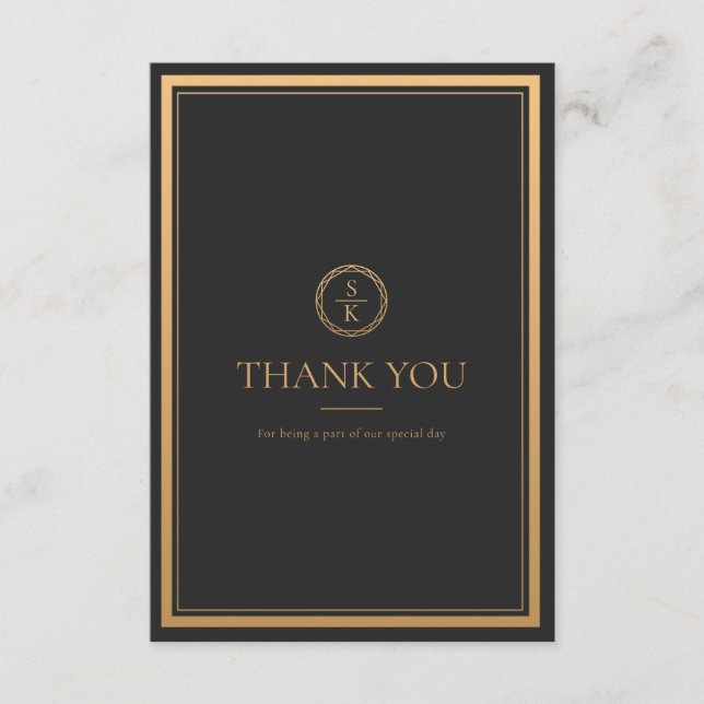 Classic Simple Elegance Gold Black Wedding Thank You Card (Front)