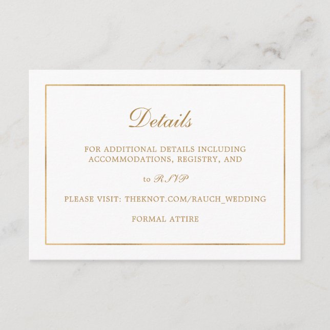 Classic Simple Elegance Gold Wedding Info Details Enclosure Card (Front)