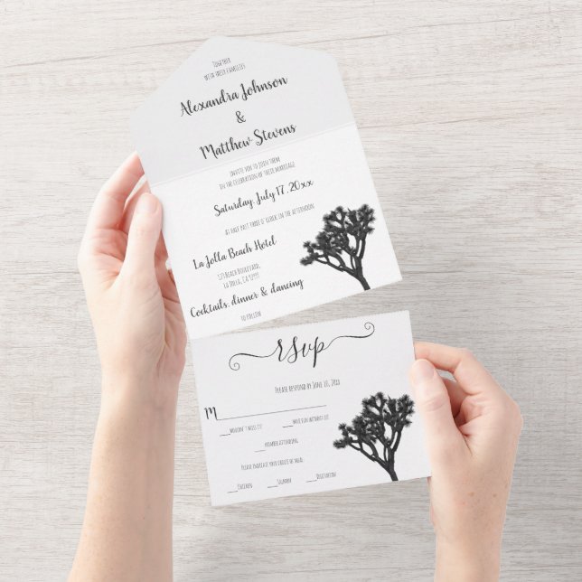 Classic Simple Elegant B&W Joshua tree Silhouette All In One Invitation (Tearaway)