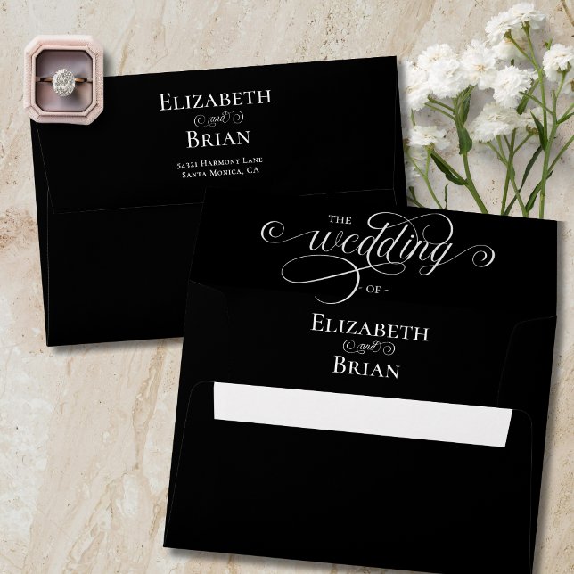 Classic Simple Elegant Black White Script Wedding Envelope (Classic Simple Elegant Black White Script Wedding Envelope with "the Wedding of" on inside flap.)