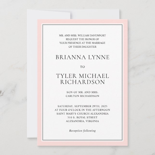 Classic Simple Elegant Blush Pink Edging Wedding Invitation (Front)