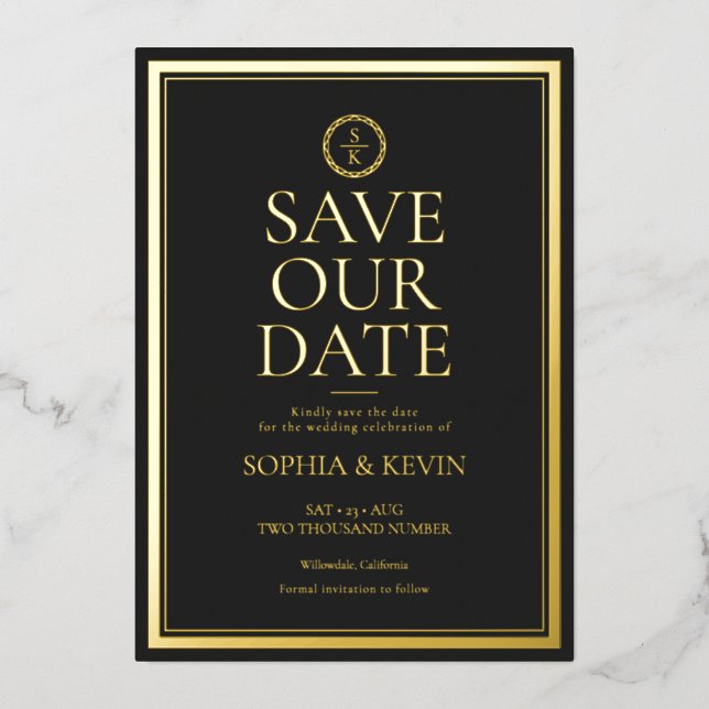 Classic Simple Elegant Gold Black Save The Date Foil Invitation (Front)