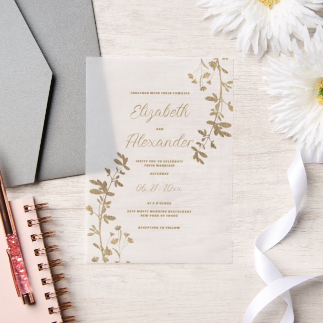 Classic simple elegant gold floral Wedding Vellum Invitations (Wedding)