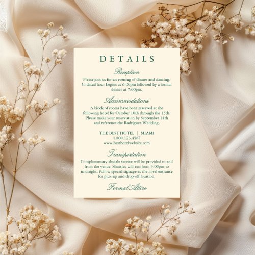 Classic Simple Emerald Green Wedding Details Card