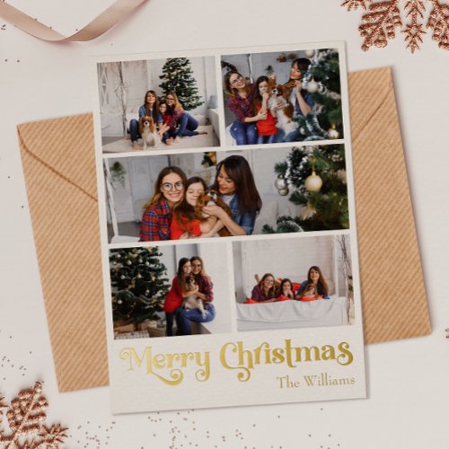 Classic Simple Five_Photo Merry Christmas Gold Foil Holiday Card