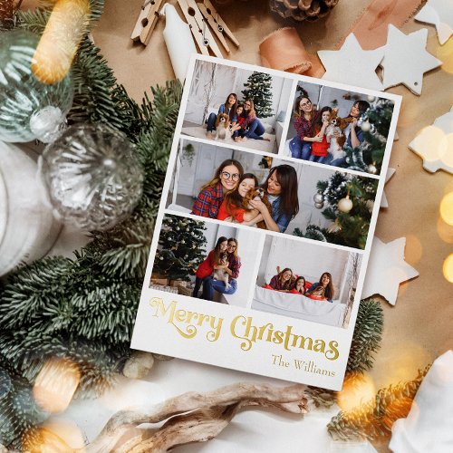 Classic Simple Five Photo Merry Christmas Gold Foil Holiday Postcard