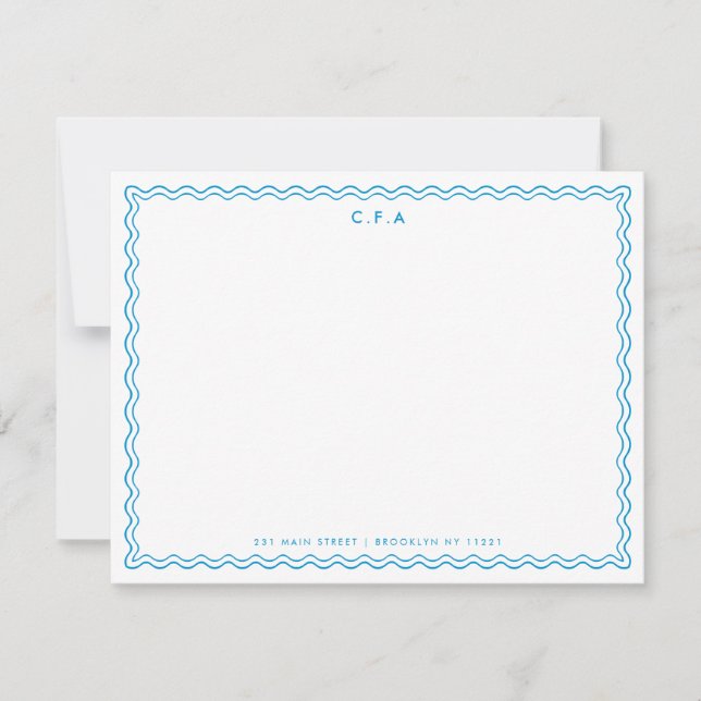 Classic Simple Formal Blue 3 Monogram Wave Border Note Card (Front)