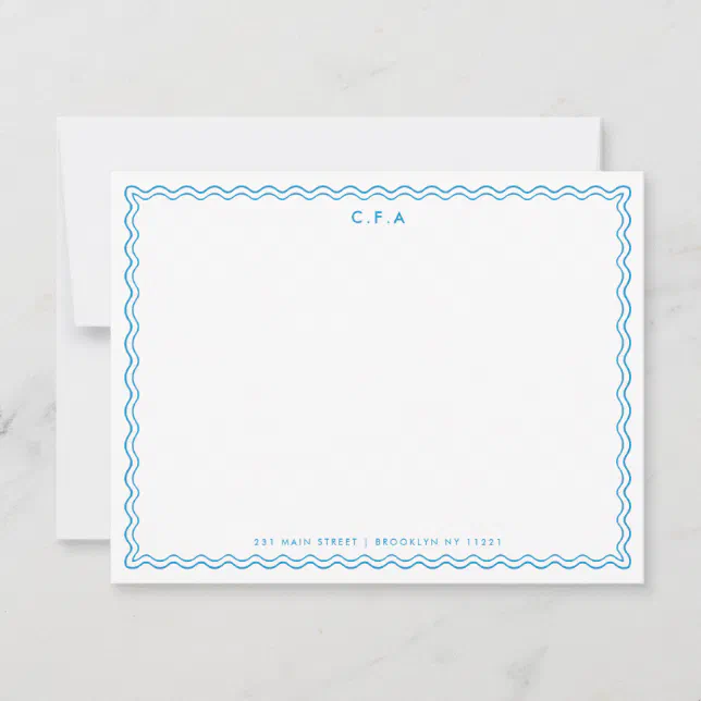 Classic Simple Formal Blue 3 Monogram Wave Border Note Card | Zazzle