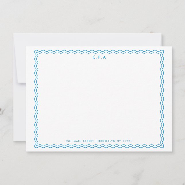 Classic Simple Formal Blue 3 Monogram Wave Border Note Card (Front)