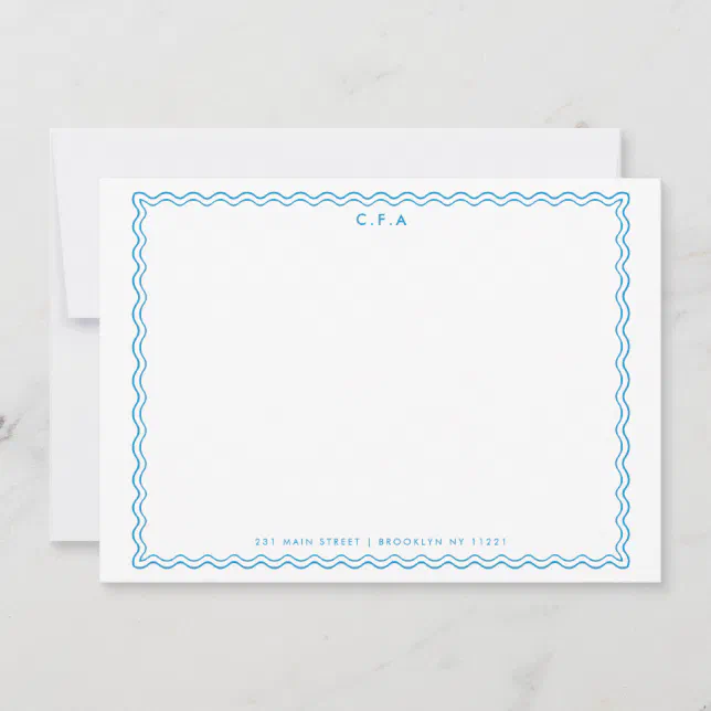 Classic Simple Formal Blue 3 Monogram Wave Border Note Card | Zazzle