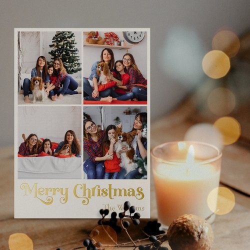 Classic Simple Four_Photo Merry Christmas Gold Foil Holiday Card