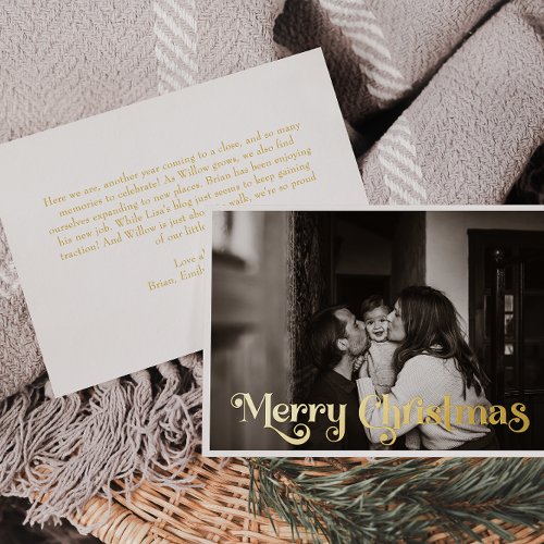 Classic Simple Full Photo Merry Christmas Gold Foil Holiday Card