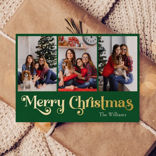 Classic Simple Green 3 photo Merry Christmas Gold Foil Holiday Card