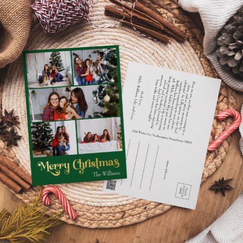 Classic Simple Green 5 Photo Merry Christmas Gold Foil Holiday Postcard