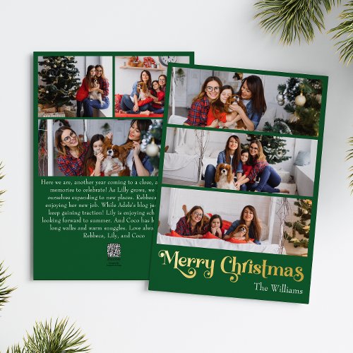 Classic Simple Green 6 Photo Merry Christmas Gold Foil Holiday Card