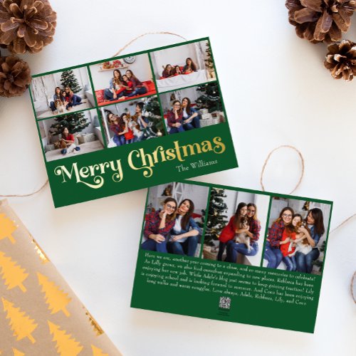 Classic Simple Green 9 Photo Merry Christmas Gold Foil Holiday Card