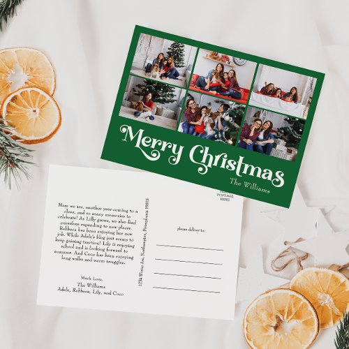 Classic Simple Green Merry Christmas 6 Photo Holiday Postcard