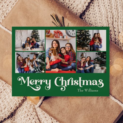 Classic Simple Green Merry Christmas Five Photo Holiday Postcard