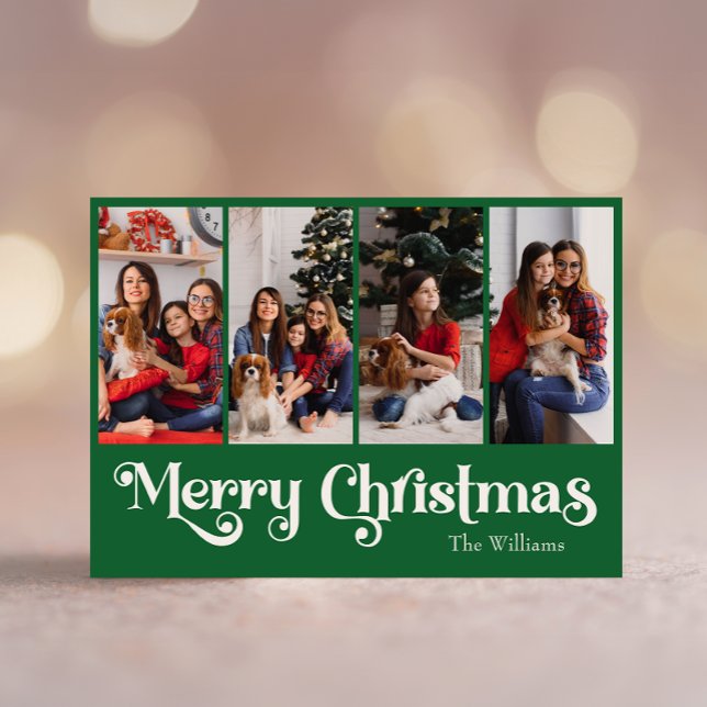 Classic Simple Green Merry Christmas Four Photo Holiday Card (Creator Uploaded)