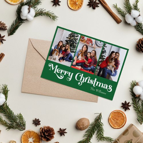 Classic Simple Green Merry Christmas Three Photo Holiday Card