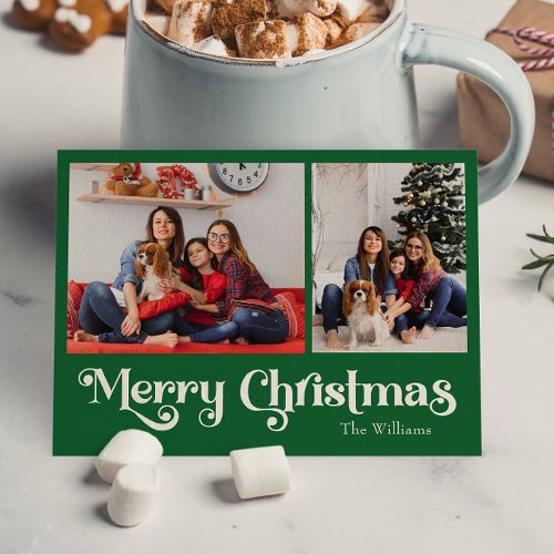 Classic Simple Green Merry Christmas Two Photo Holiday Postcard