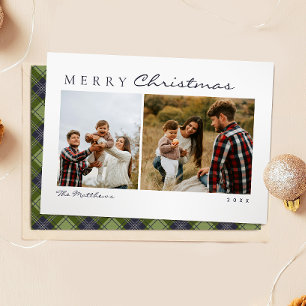 Classic Simple Green Plaid Family Photo Christmas Holiday Card