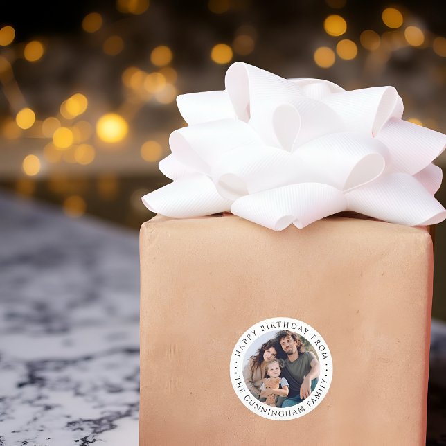 Classic Simple Happy Birthday Family Photo Round Sticker (Creator Uploaded)
