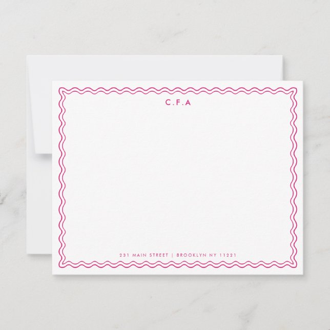 Classic Simple Magenta Pink 3 Monogram Wave Border Note Card (Front)