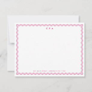 Classic Simple Magenta Pink 3 Monogram Wave Border Note Card
