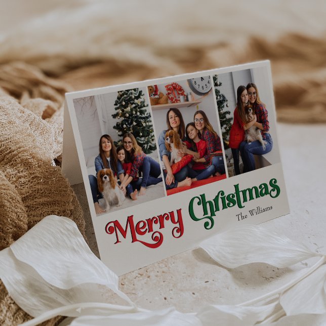 Classic Simple Merry Christmas Folded Three Photo Holiday Card (Creator Uploaded)