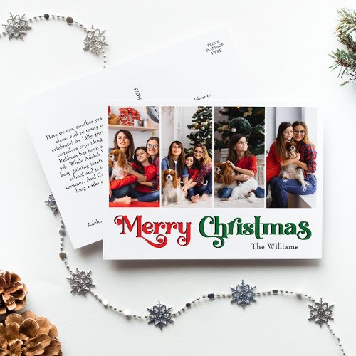 Classic Simple Merry Christmas Four Photo Holiday Postcard